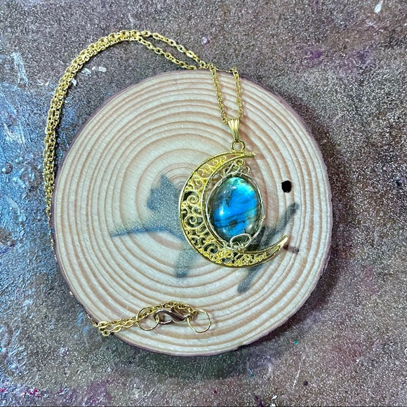 Gold Moon & Labradorite Pendant Necklace - Picture 2 of 5